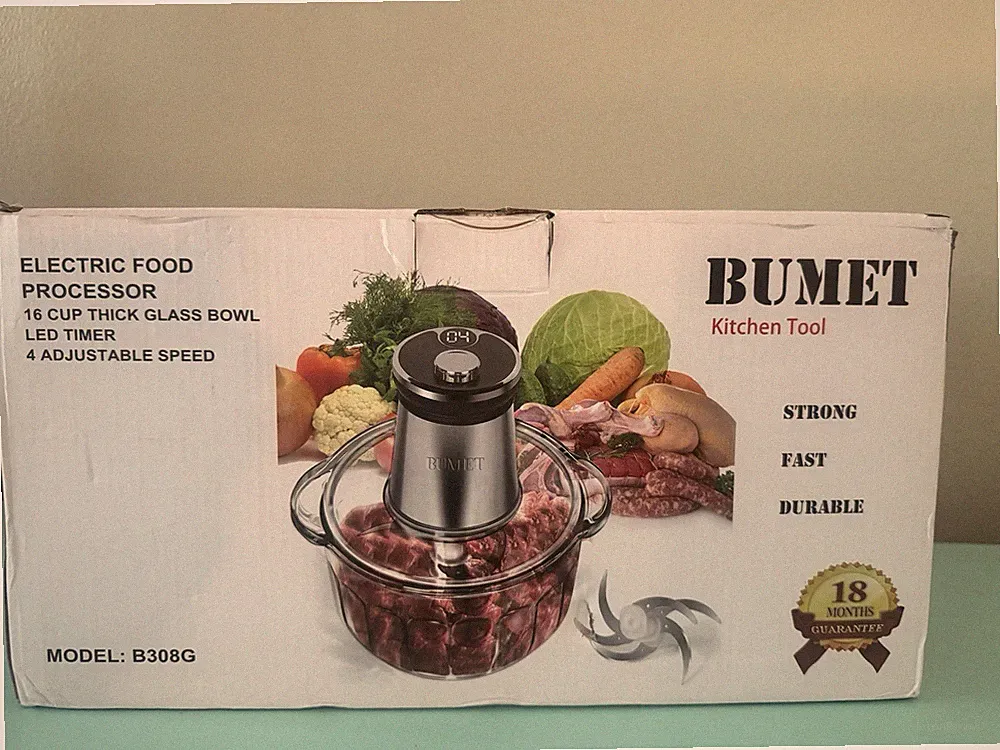 BUMET 16 cup glass bowl 850W Electric Food Processor,LED timer. 16cup, silver
