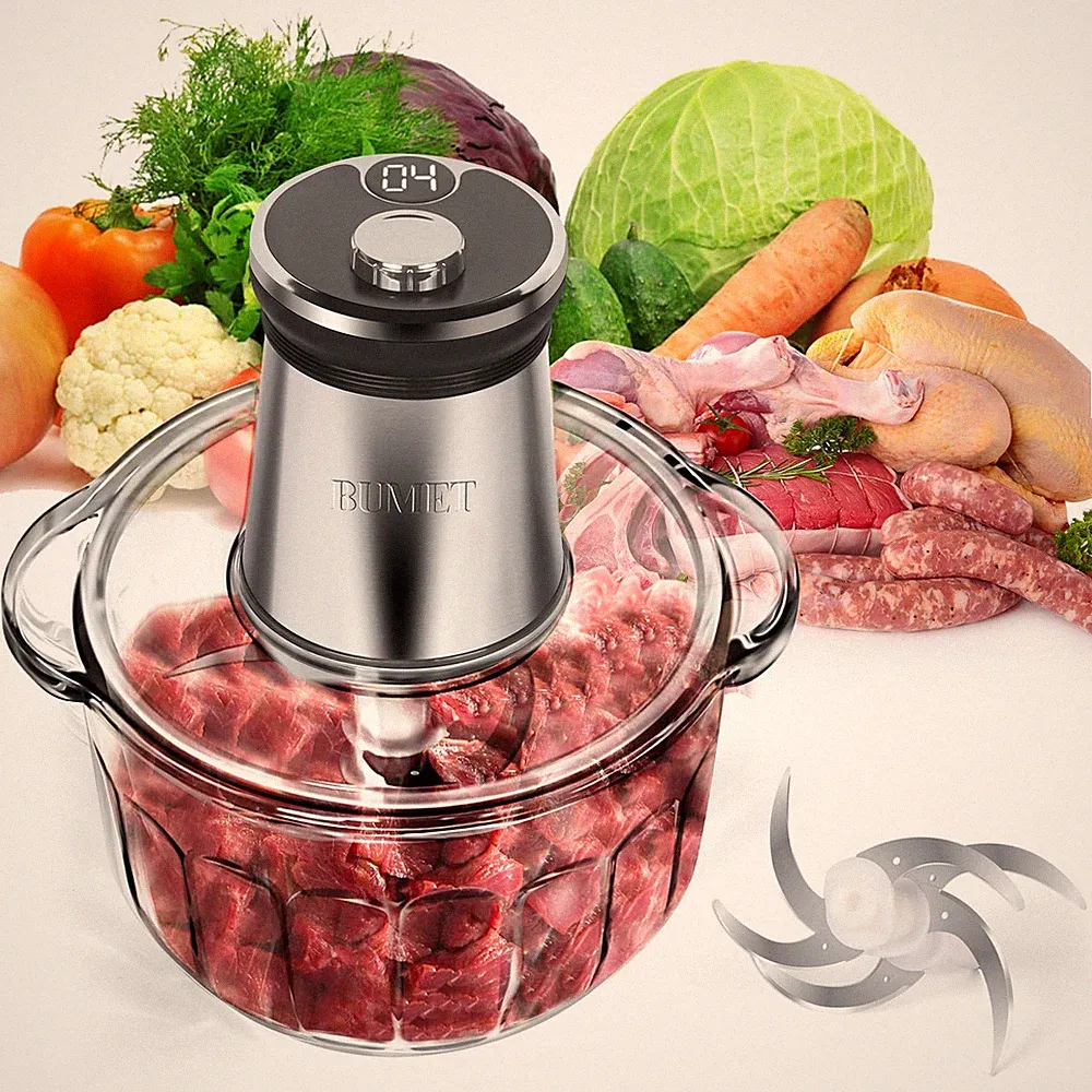 BUMET 16 cup glass bowl 850W Electric Food Processor,LED timer. 16cup, silver