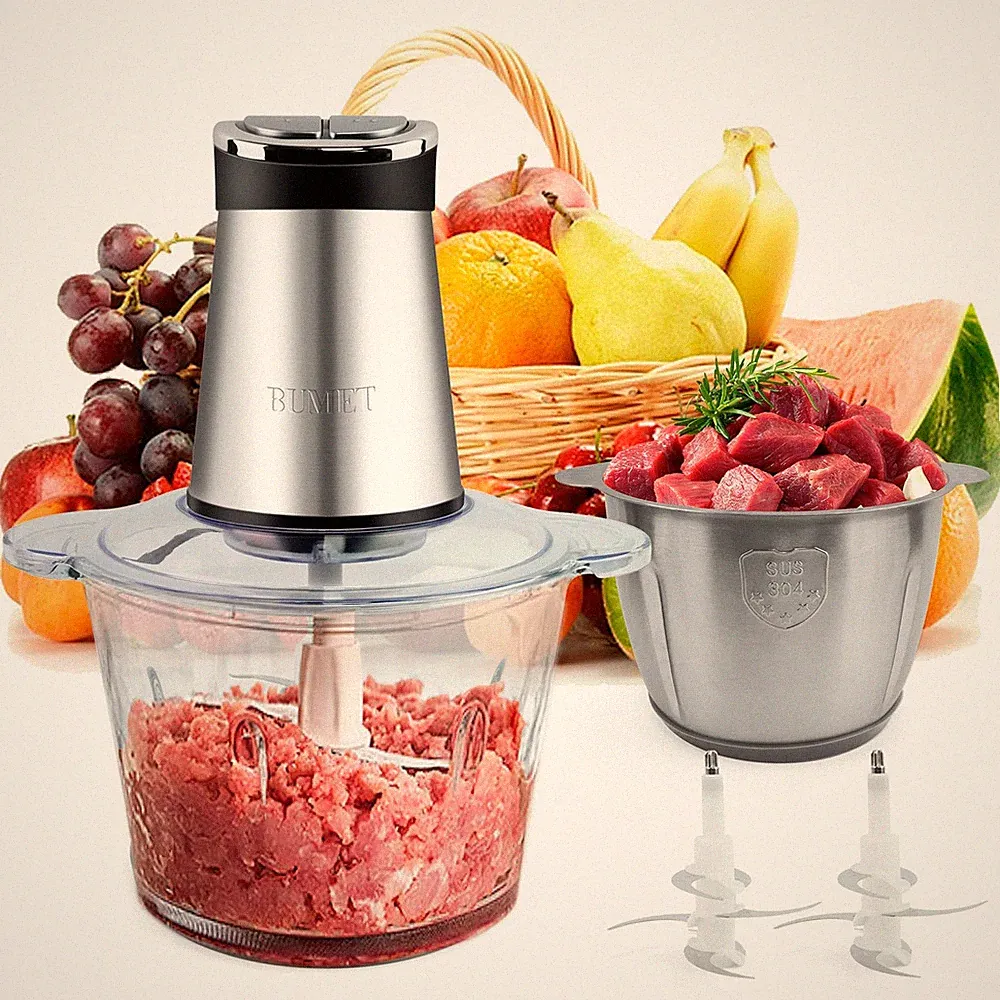 BUMET 2X12-cup bowls 800W Electric Food Processor with LED 12cups, silver