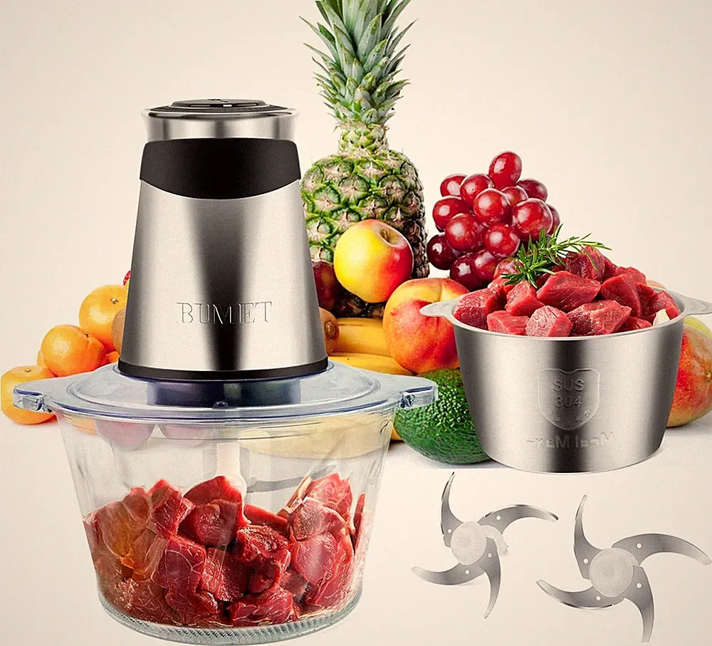 BUMET Electric food processor vegetable chopper 500W 2x8cup bowls 2 bi-layer 4 b