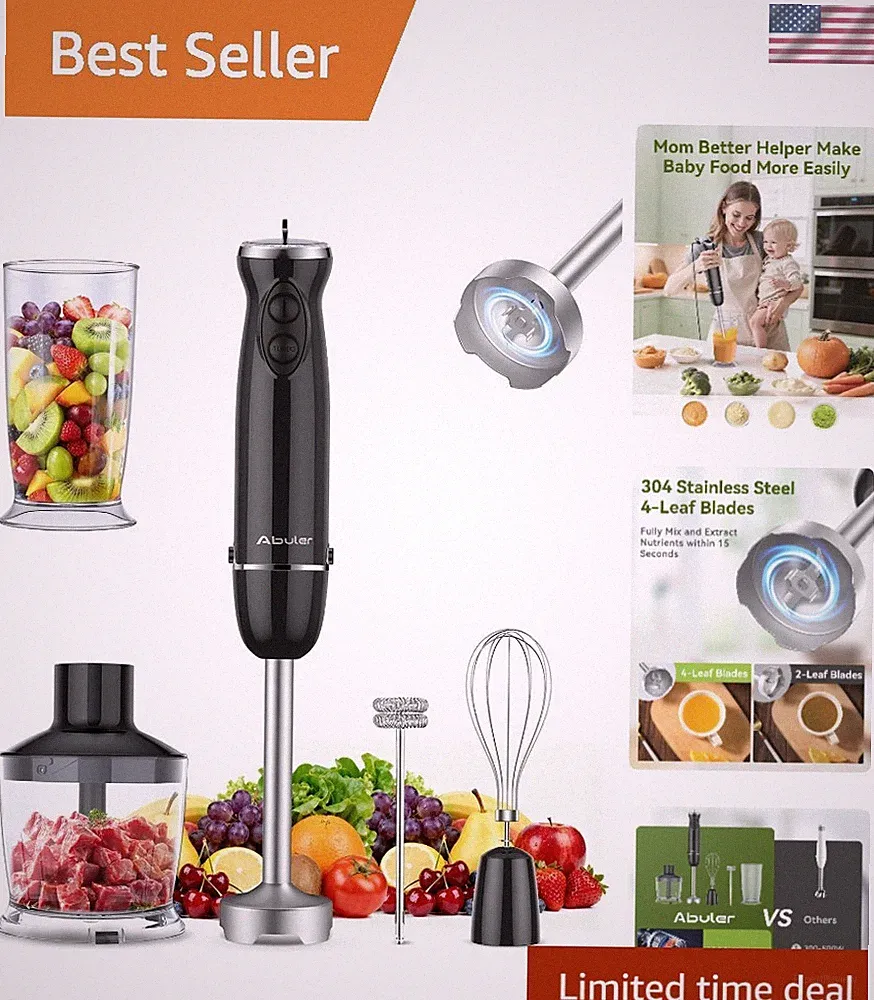 Compact 12-Speed Hand Blender Set - 1000W Stainless Steel for Smoothies & Soups