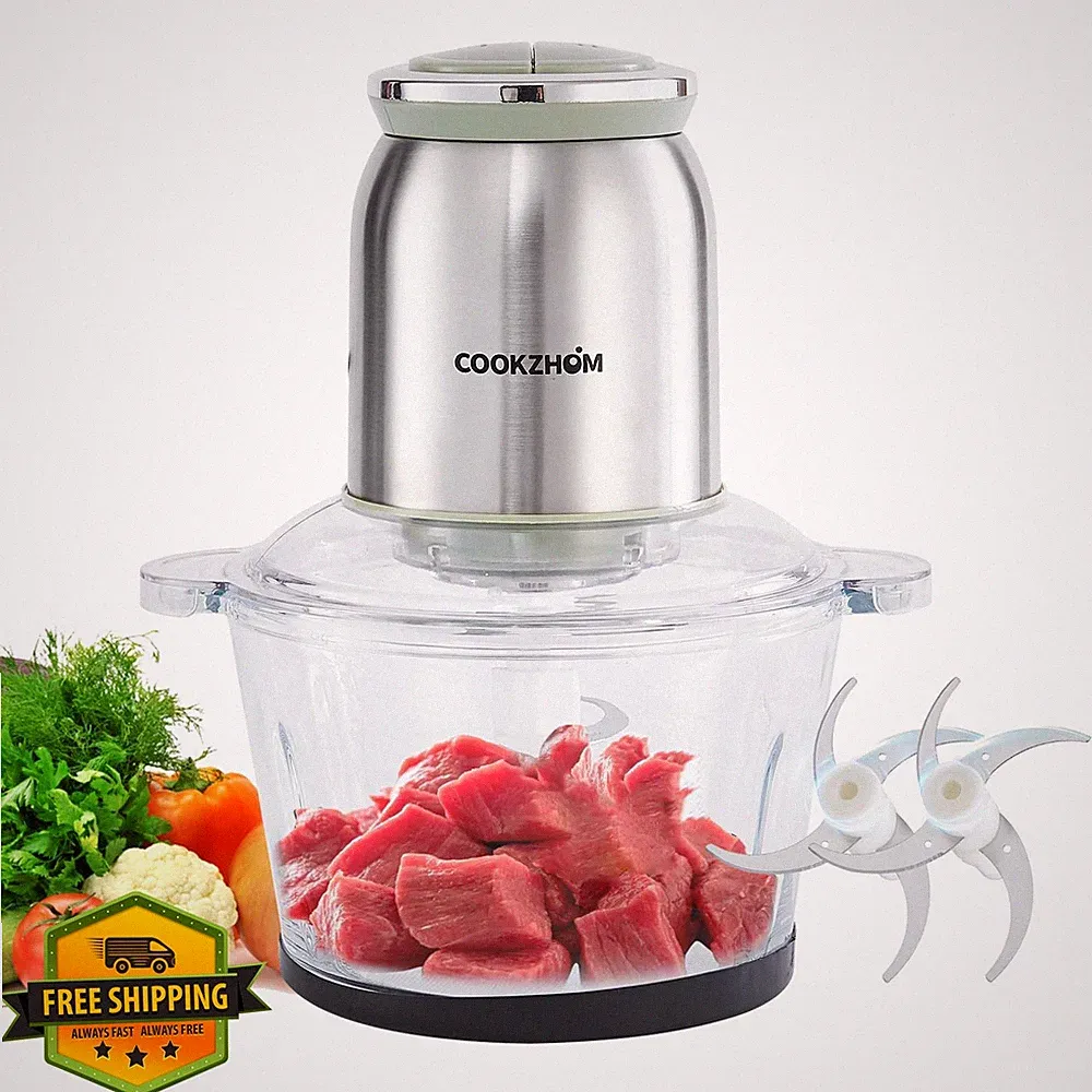 COOKZHOM 500W Silver Food Processor, 8 Cup Glass Bowl Meat Vegetable Chopper