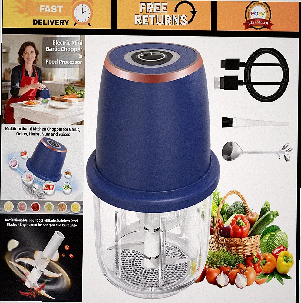 Cordless Electric Garlic Chopper 350ml Mini Food Processor - Glass Bowl, Blue