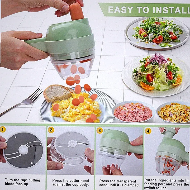 Cordless Electric Vegetable Chopper 4-in-1 Mini Food Processor Garlic Meat USB