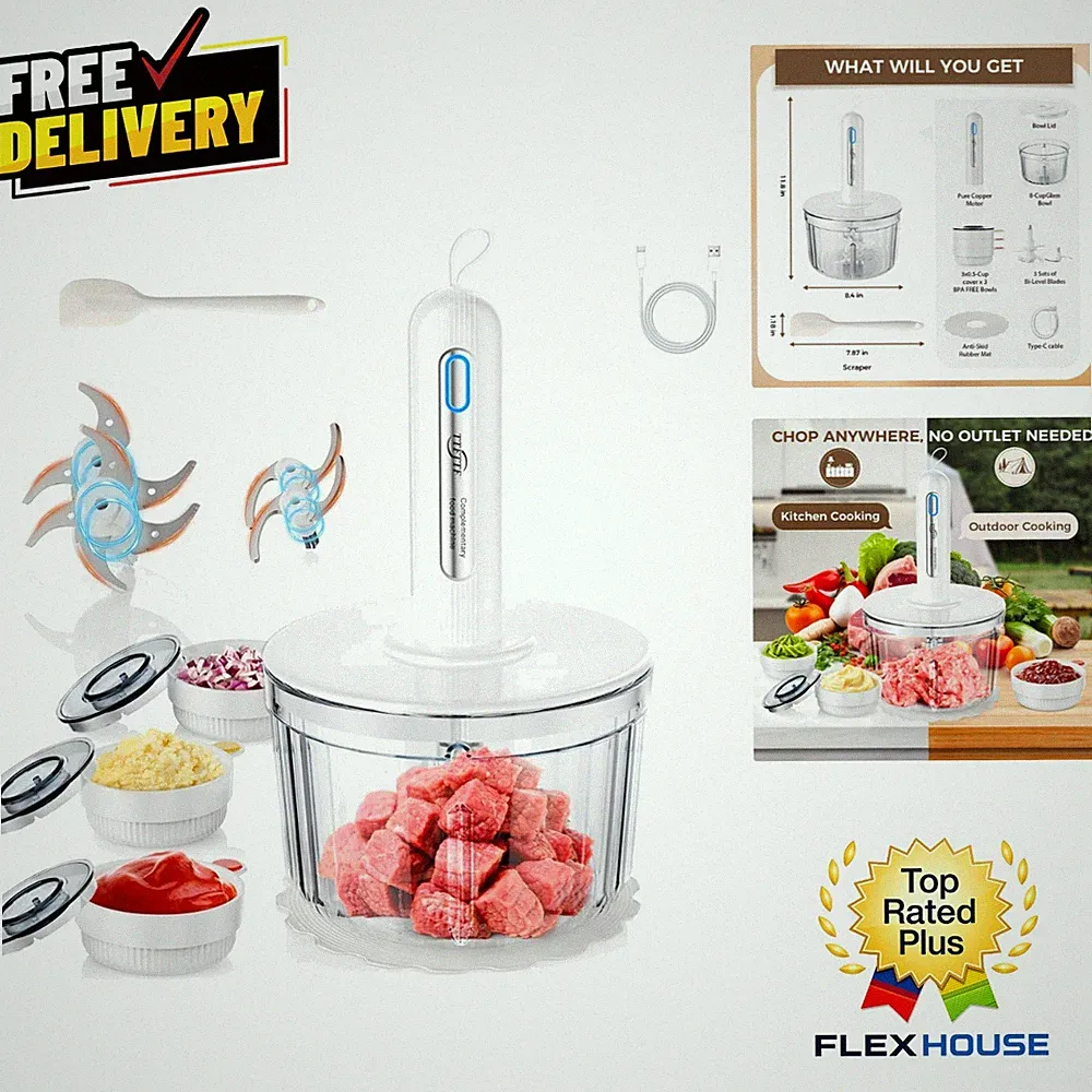 Cordless Food Processor & Meat Grinder - 4 Stainless Steel Blades, Easy Cleanup
