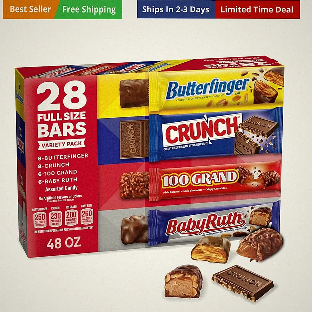 CRUNCH, Baby Ruth and 100 Grand, Bulk 28 Pack, Assorted Full Size Chocolate C...