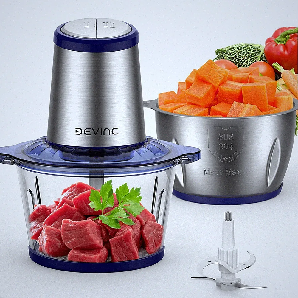 DEVINC 500W Electric Food Processor Chopper 2 Speed w/ Stainless Steel&Glass Bow