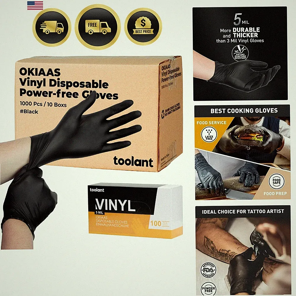 Disposable Gloves Vinyl Food Grade Black Pink 5 Mil Latex Free 50 100 200 1000
