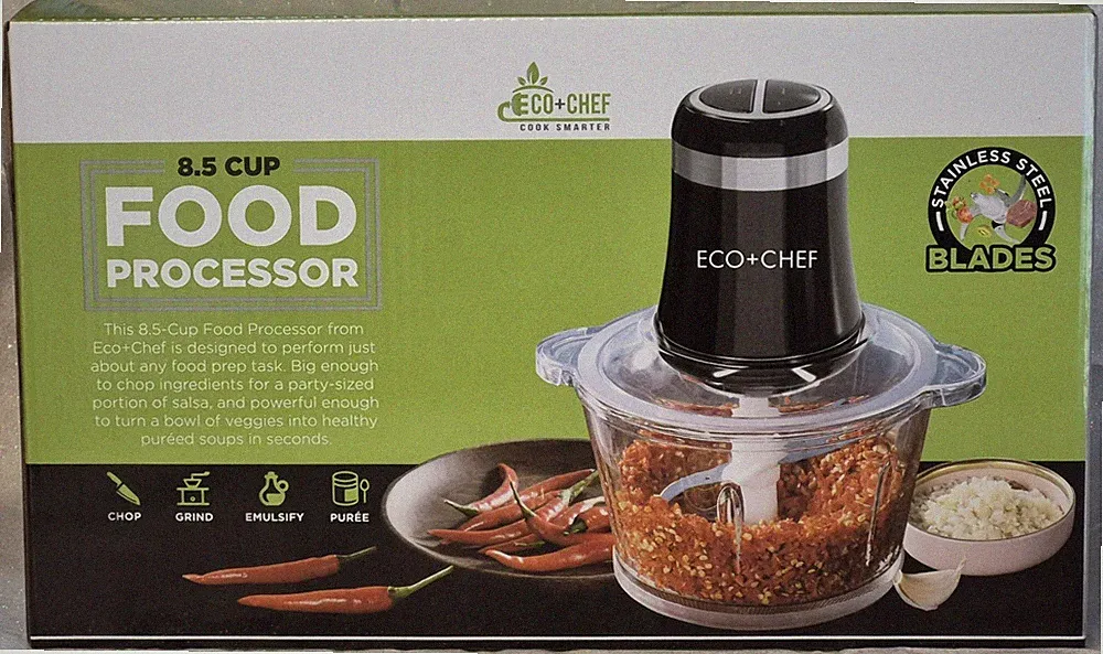 Eco+Chef 8.5 Cup Food Processor w Glass Mixing Work Bowl CHOP EC-85CFP-M NEW BX