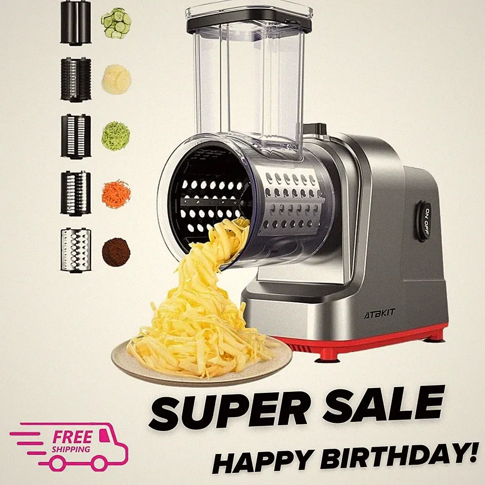 Electric Cheese Grater & Salad Maker, 250W Slicer Shredder with 5 Blade Shapes