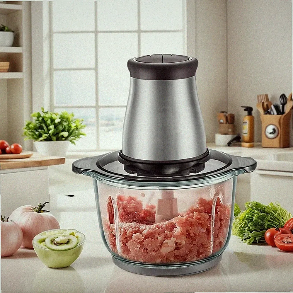Electric Food Chopper 500W Food Processor Meat Grinder W/ 2L Glass Bowl
