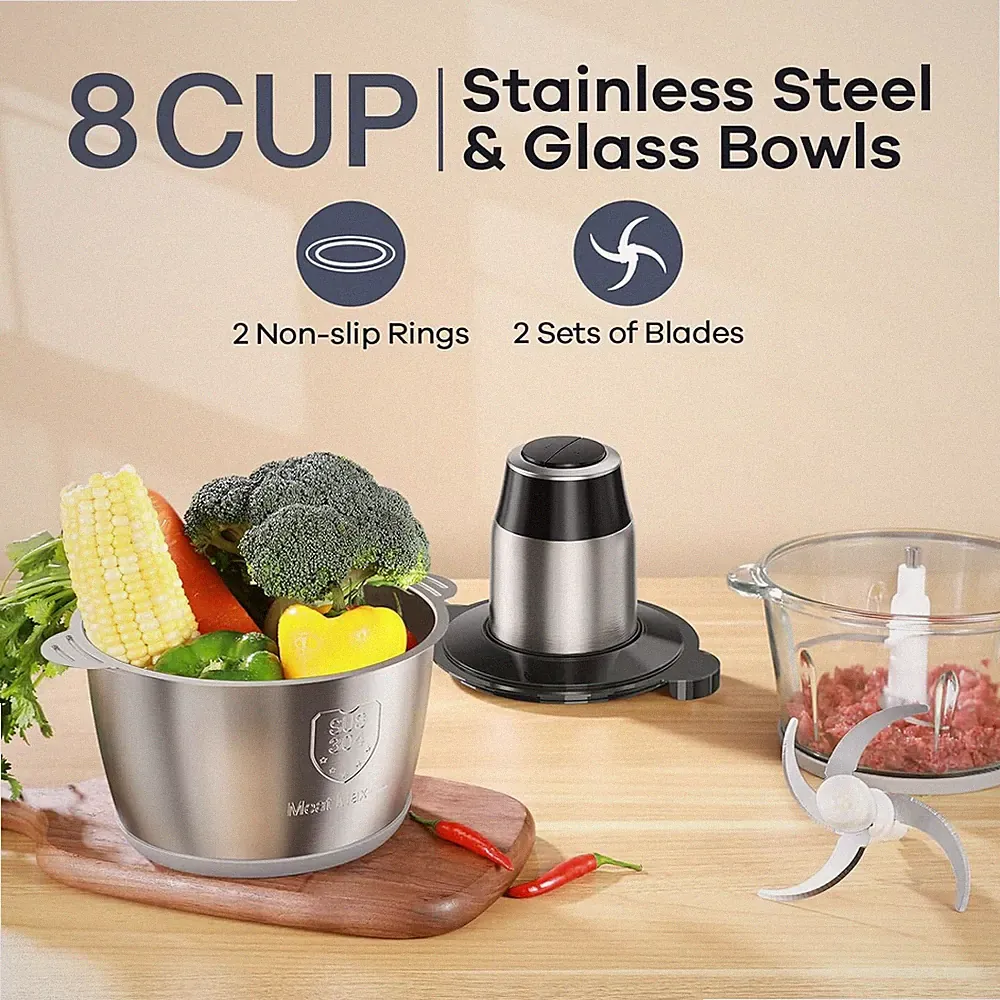 Electric Food Chopper with Meat Grinder & Vegetable Chopper - 2 Bowls (8 Cup)