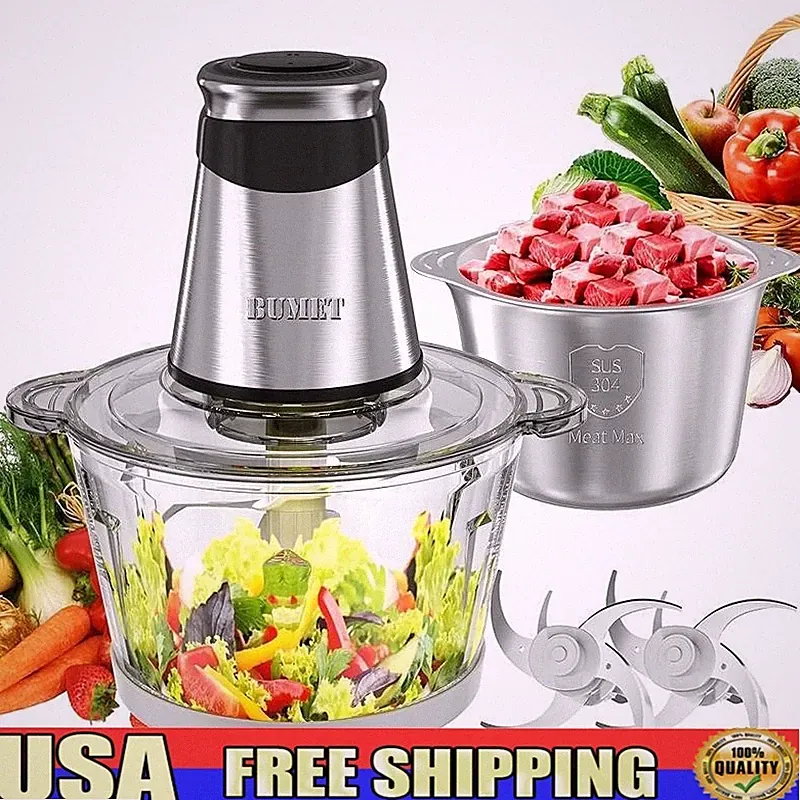 Electric Food Processor 500W Meat Chopper 2 Bowls 4 Blades Fast Safe Cleaning US