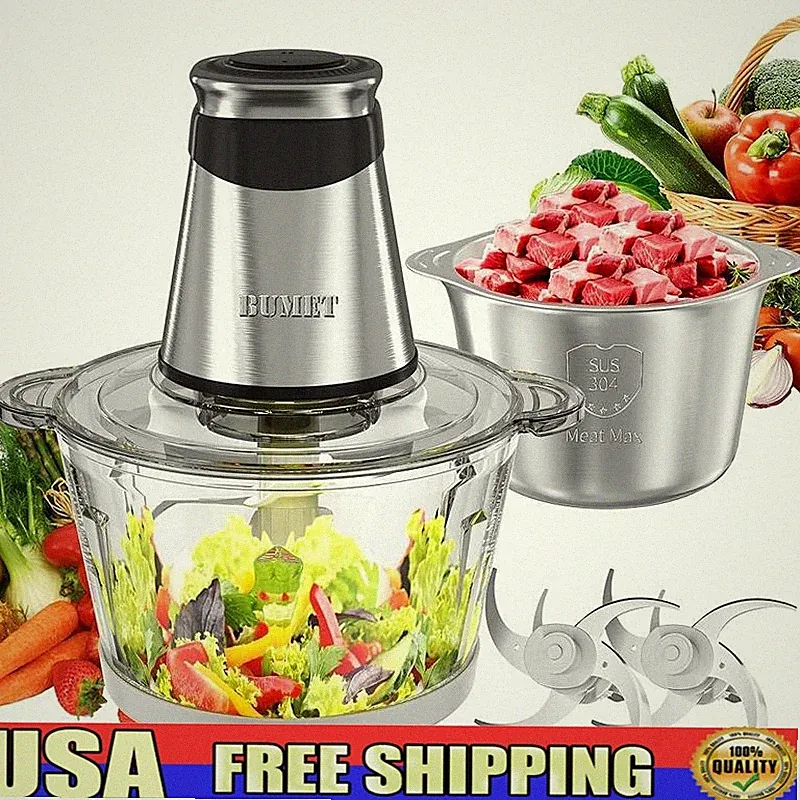Electric Food Processor 500W Meat Chopper 2 Bowls 4 Blades Fast Safe Cleaning US