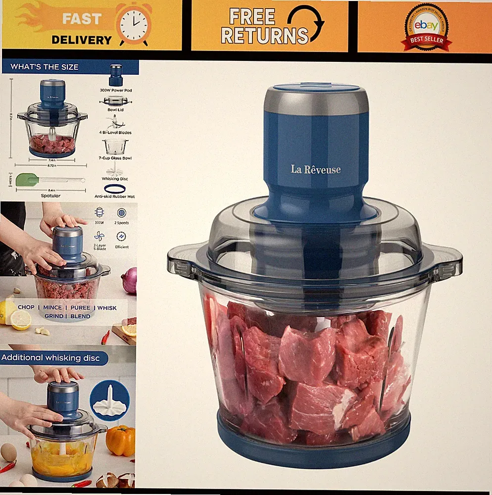 Electric Food Processor 7-Cup Glass Bowl, 4 Bi-Level Blades, 300W Chopper, Meal