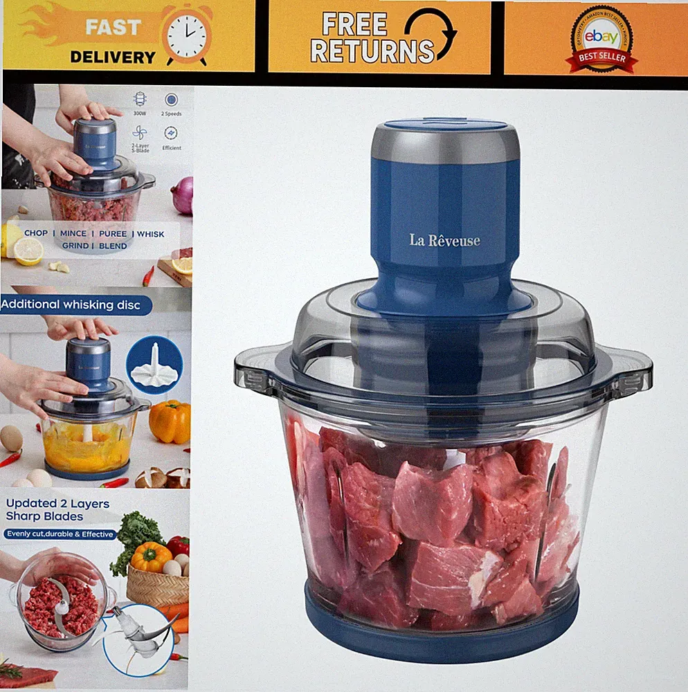 Electric Food Processor 7-Cup Glass Bowl, 4 Blades for Chopping & Grinding, 300W