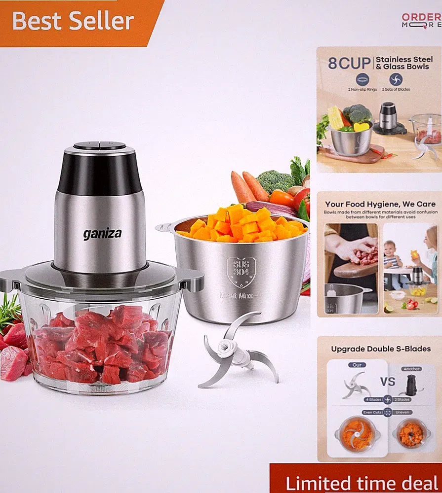 Electric Food Processor 8 Cup Capacity with 450W Copper Motor & 2 Blades