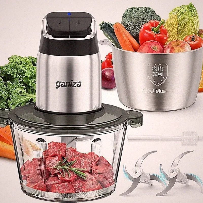 Electric Food Processor 8 Cup Dual Bowl W/ Overheat Protection 2 Speed Chopper