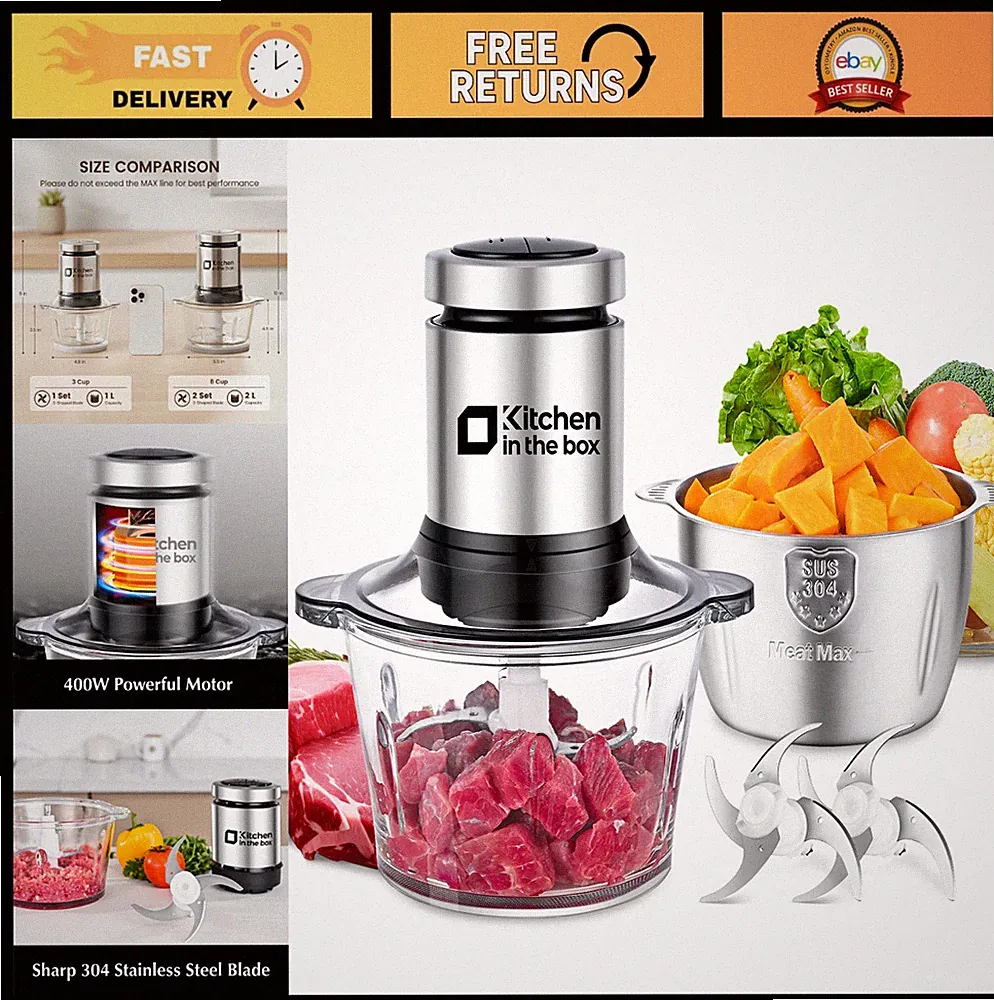 Electric Food Processor & Meat Grinder, 2 Bowls, Bi-Level Blades, Chopper for Ve