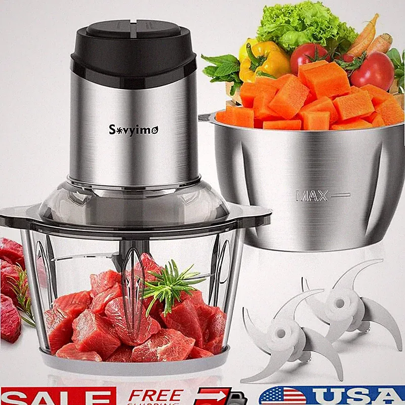 Electric Food Processor Meat Grinder Mini Chopper 2 Bowls 4 Blades 350W 8 Cups