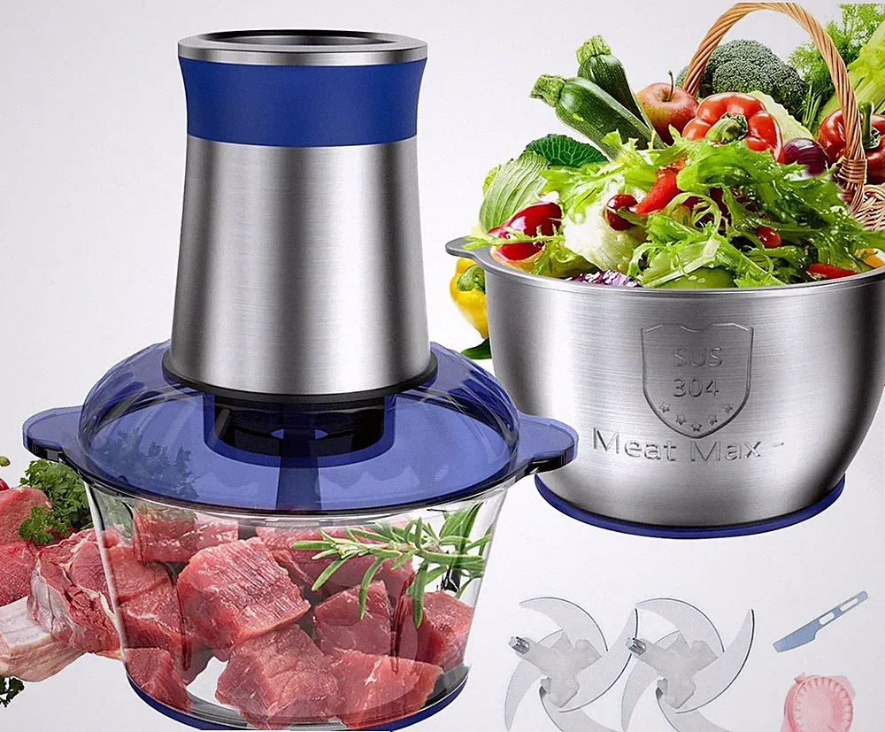Electric Food Processor with 8 Cup+8 Cup Stainless Steel & Glass Bowls, 2 Speed