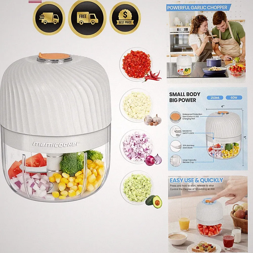 Electric Garlic Chopper 250ML, Mini USB Rechargeable Veggie Chopper, Cordless...