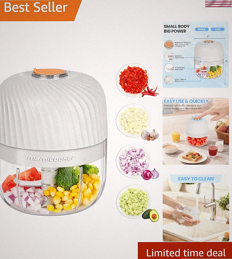 Electric Garlic Chopper 250ML - USB Rechargeable Mini Food Processor in White