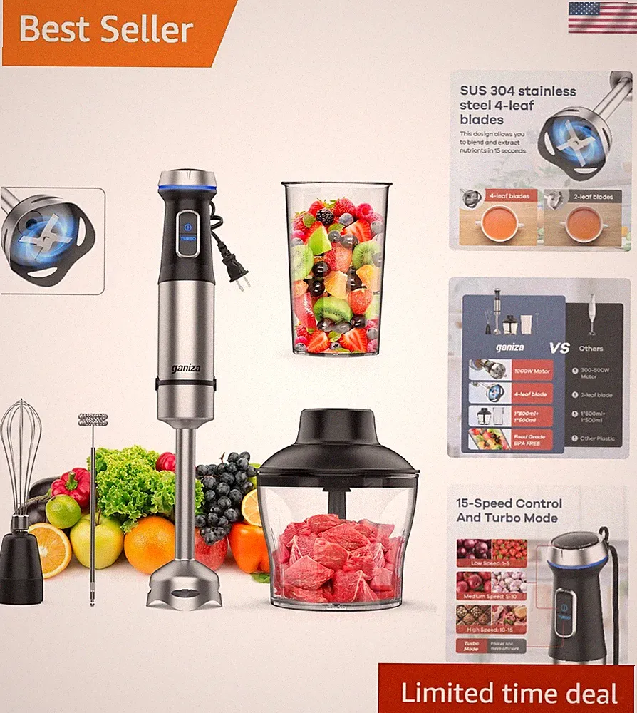Elegant 1000W Immersion Blender with Stainless Steel Blades & 4 Attachments