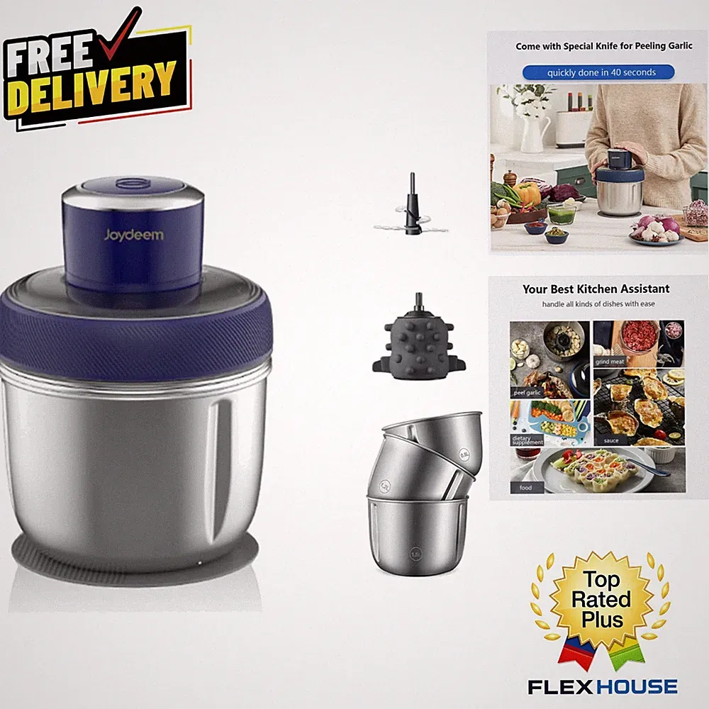 Elegant Blue Electric Food Processor & Meat Grinder with Garlic Peeler, 3 Bowls