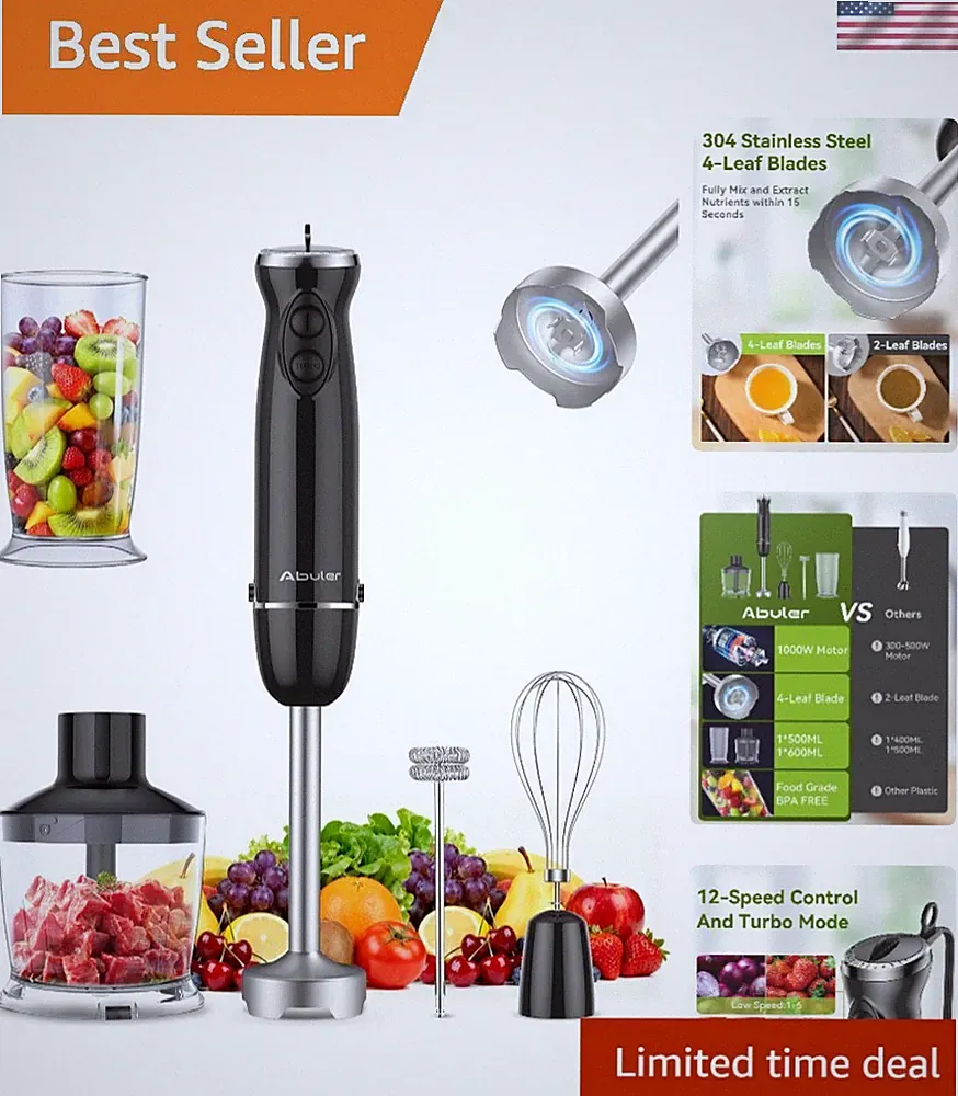 Ergonomic Immersion Blender with 304 Stainless Steel Blades, 12 Speed Settings