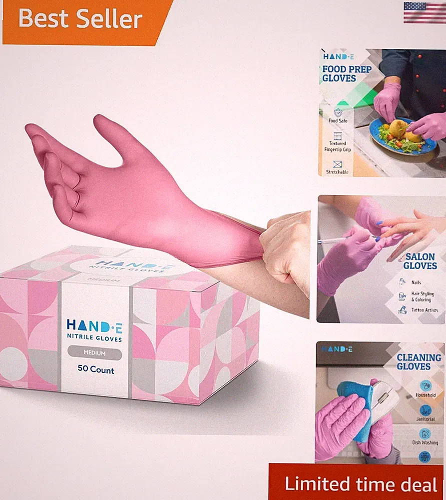Fashionable Pink Nitrile Gloves - 50 Count for Stylish Cleaning and Protection