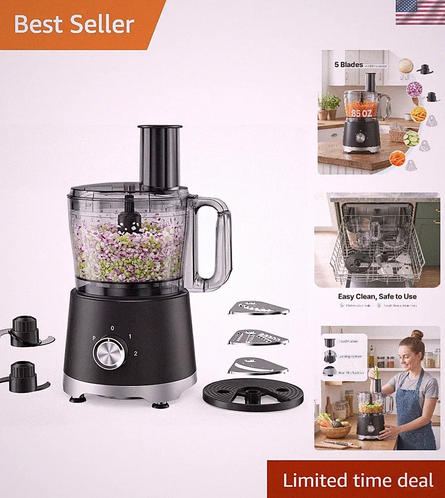 Food Processor 10.5 Cups, 600W Powerful Food processors with 5 Blades, Dishwa...