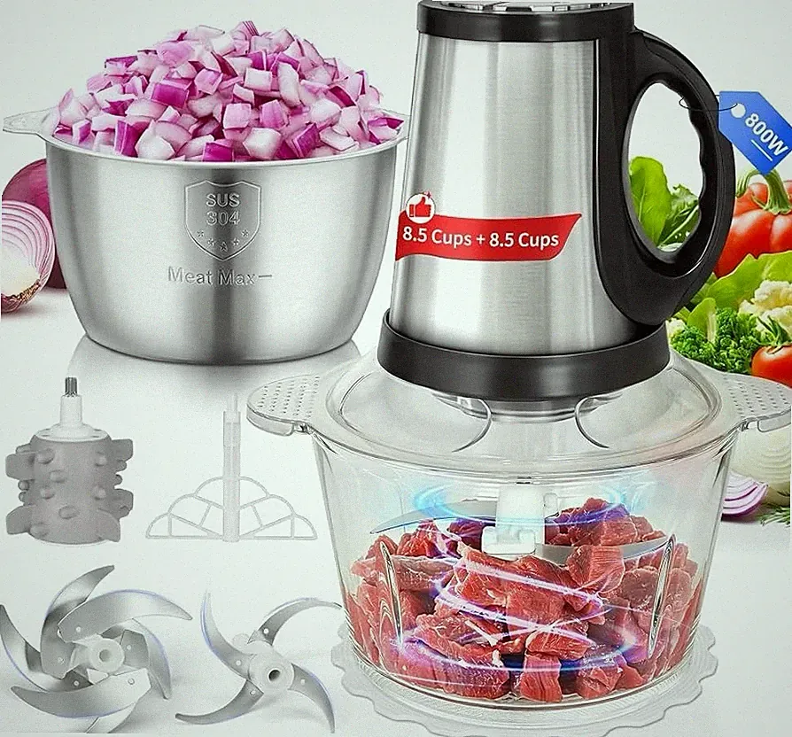 Food Processor-2 Bowls (8.5Cups+8.5Cups),Food Chopper for Meat (Black)