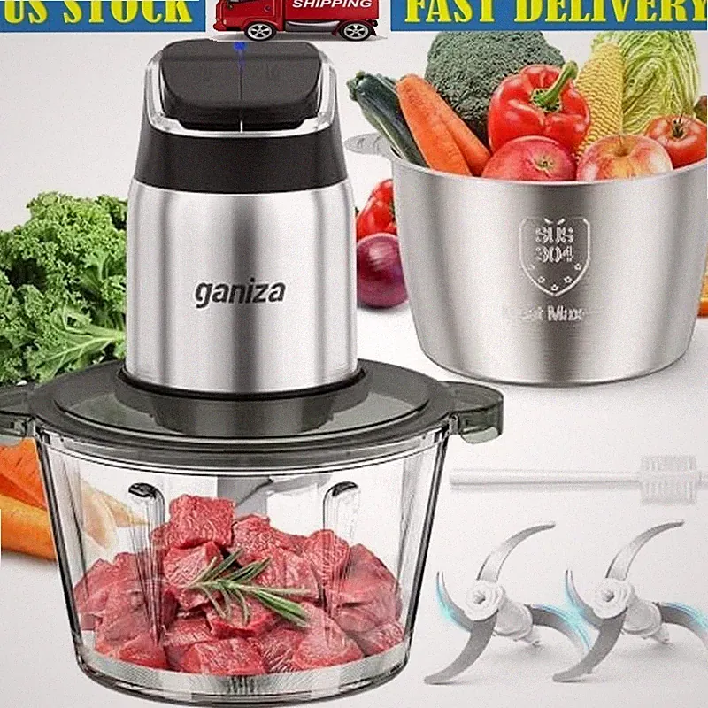 Food Processor 2-Speed Meat Grinder W/ 8 Cup Stainless Steel & 8 Cup Glass Bowls