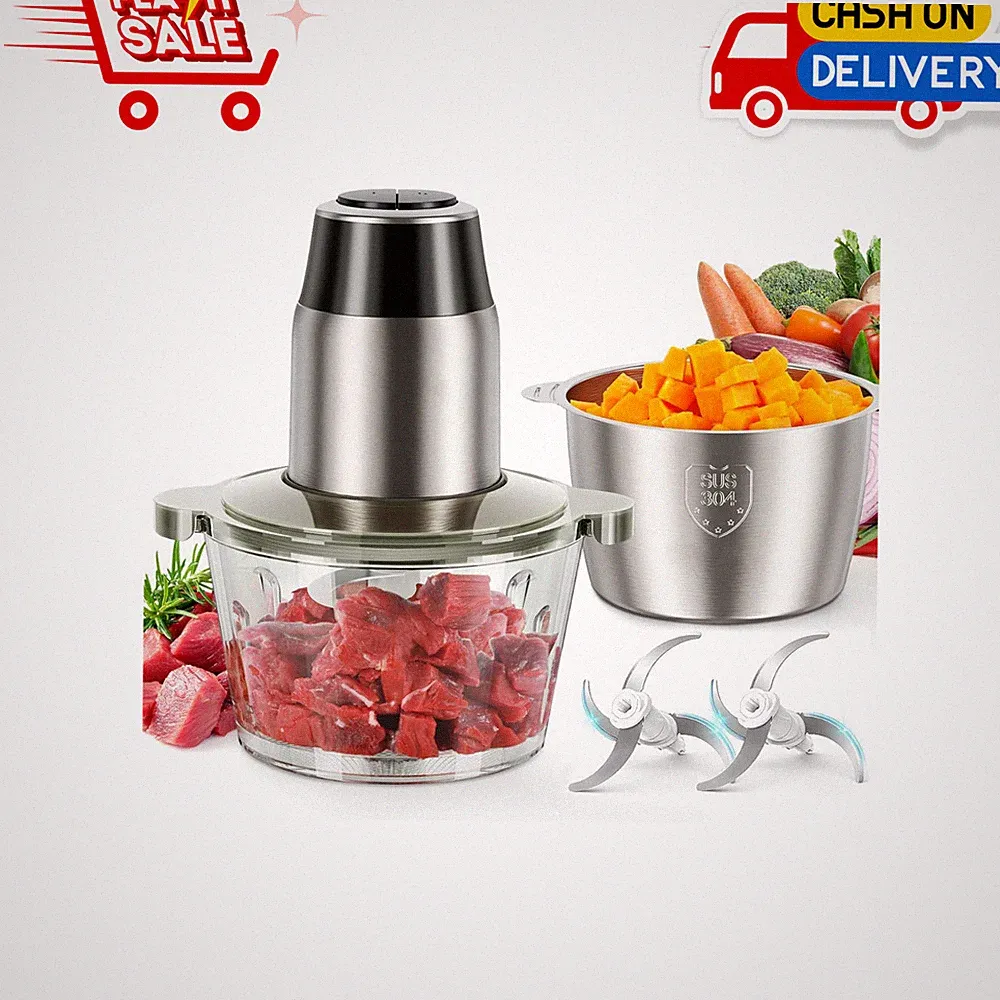 Food Processor 450W Meat Grinder Vegetable Chopper 2 Bowls 8 Cup 2-Speed