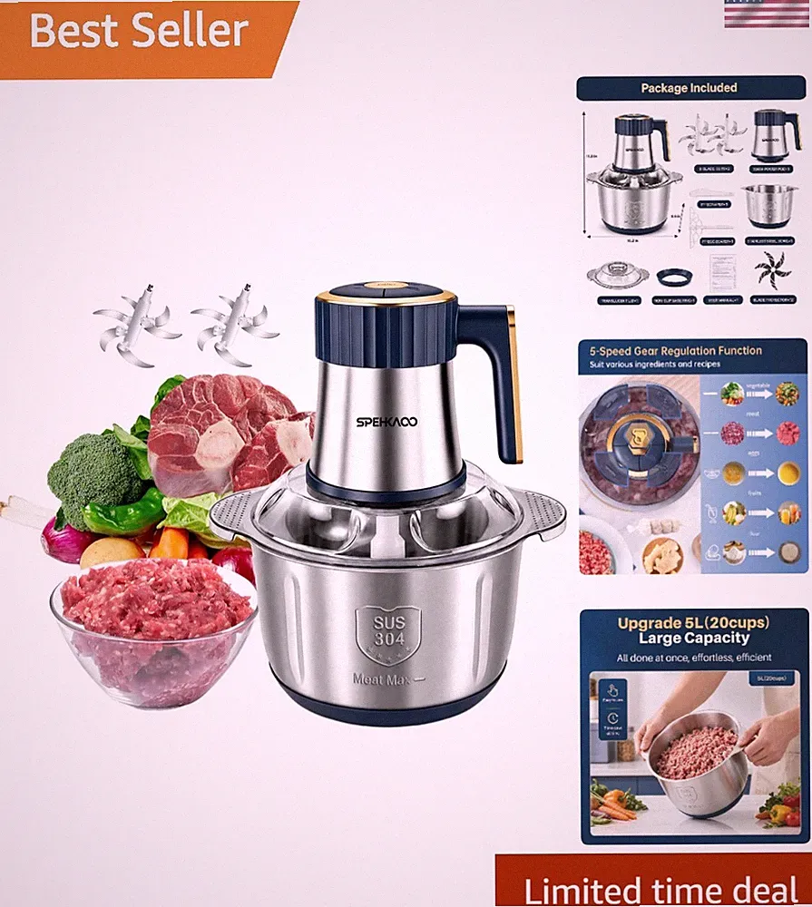 Food Processor,5-Speed Electric Food Chopper,Meat Grinder 5L20Cups with Two 6...