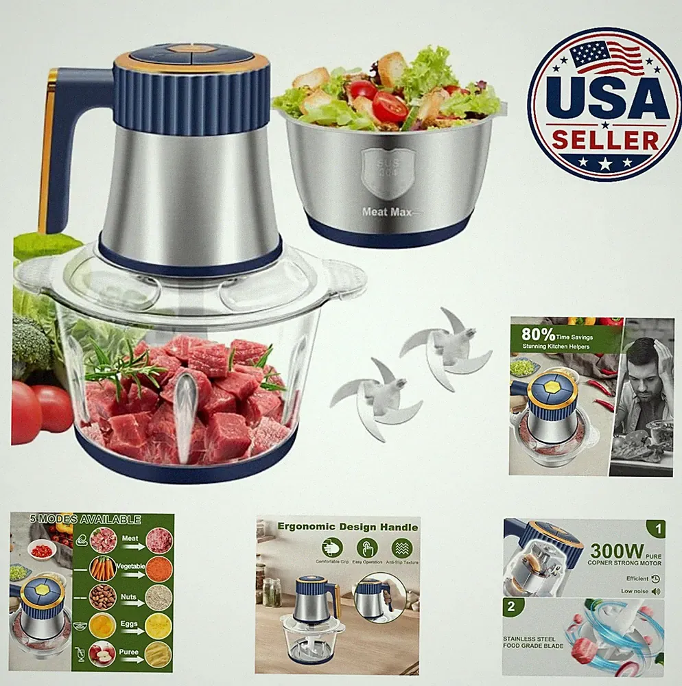 Food Processor 5 Speed Electric Meat Grinder 300W 8 Cup Glass and Stainless