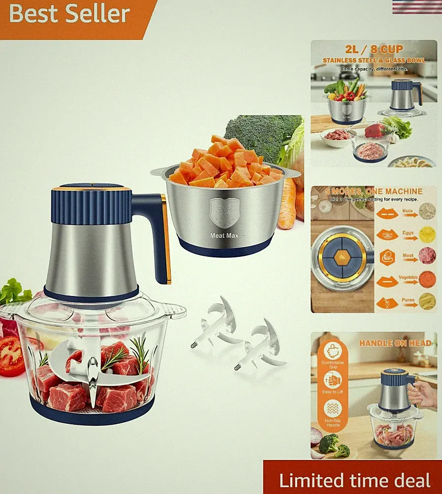 Food Processor, 5 Speed Meat Grinder with 2 Bowls8 Cup+8 Cup, Blue