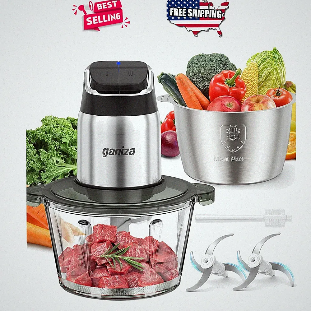 Food Processor 8 Cup Dual Bowl 2 Speed Meat Grinder Overheat Protection Brush