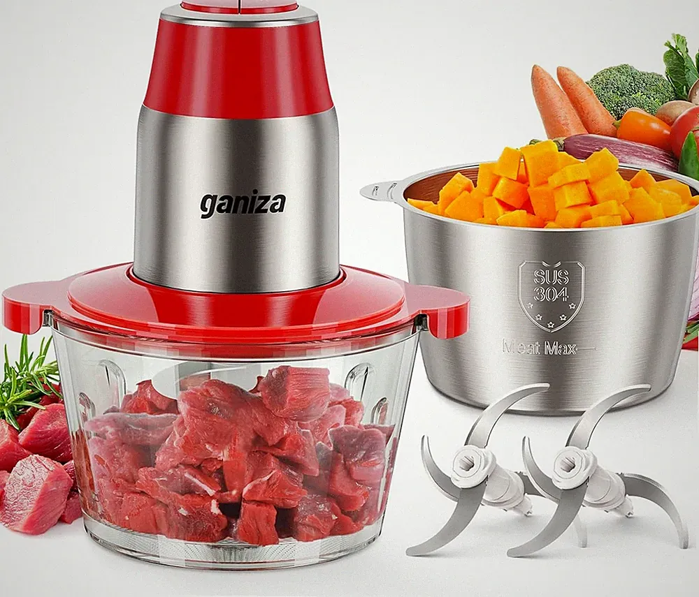 Food Processor GANIZA 450W Electric Chopper 2 Bowls Red