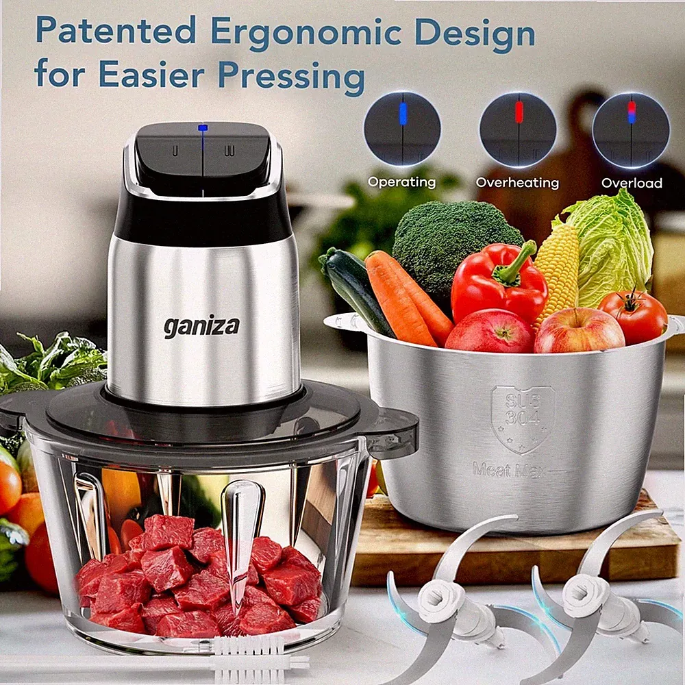 Food Processor Meat Grinder Chopper 8-Cup Glass & Steel Bowls, 2-Speed Motor