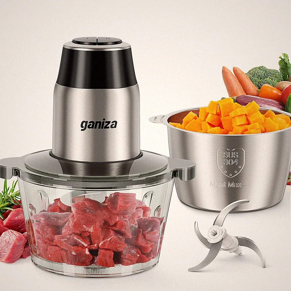 Ganiza 450W Food Processor 2 Bowls 8 Cup Glass Stainless Steel Chopper