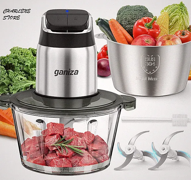 Ganiza Food Processor 2-Speed Meat Chopper w/ 8-Cup Steel & Glass Bowls
