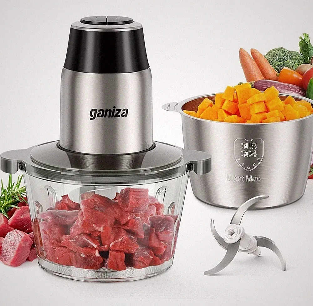 Ganiza Food Processor 2-Speed Meat Chopper w/ 8-Cup Steel & Glass Bowls Opened