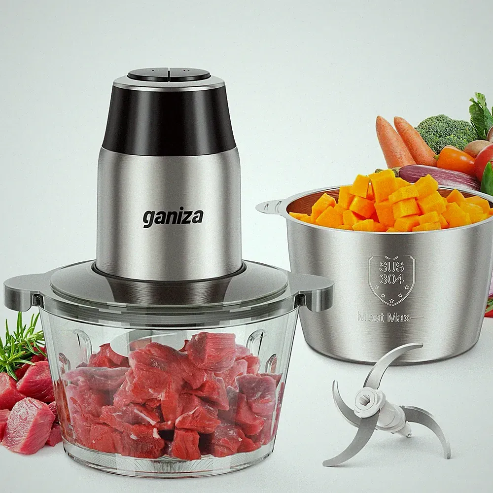 Ganiza Full-Size Food Processor 8 Cup Stainless Steel & Glass Bowls S-Blades