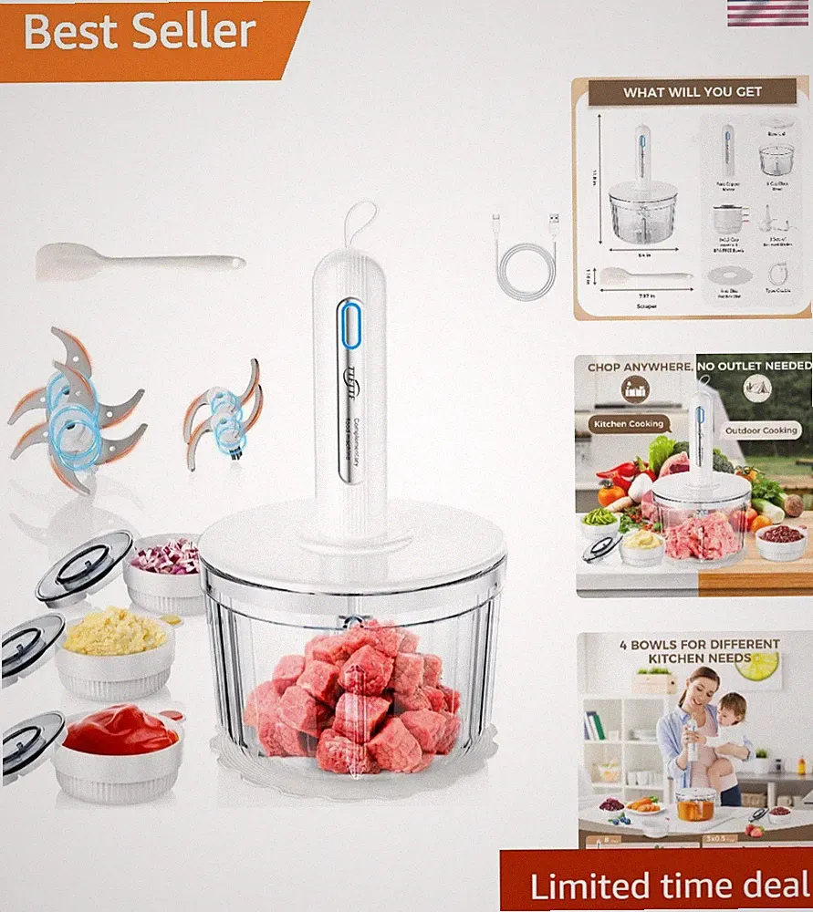 Glass Food Processor with 4 Blades & 4 Bowls 8 Cup + 3x0.5 Cup, Small Food Pr...