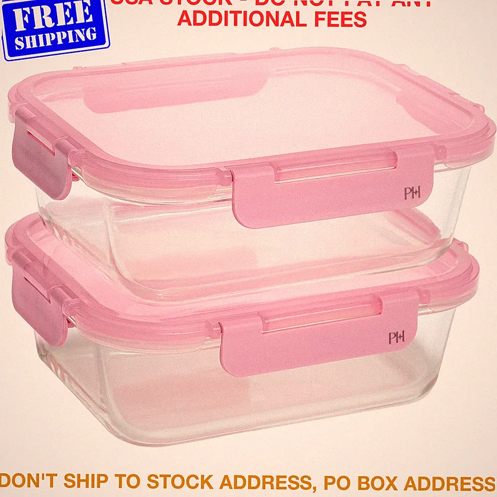 Glass Food Storage Containers 2 Pack Leakproof Meal Prep Bowls Pink Airtight Lid