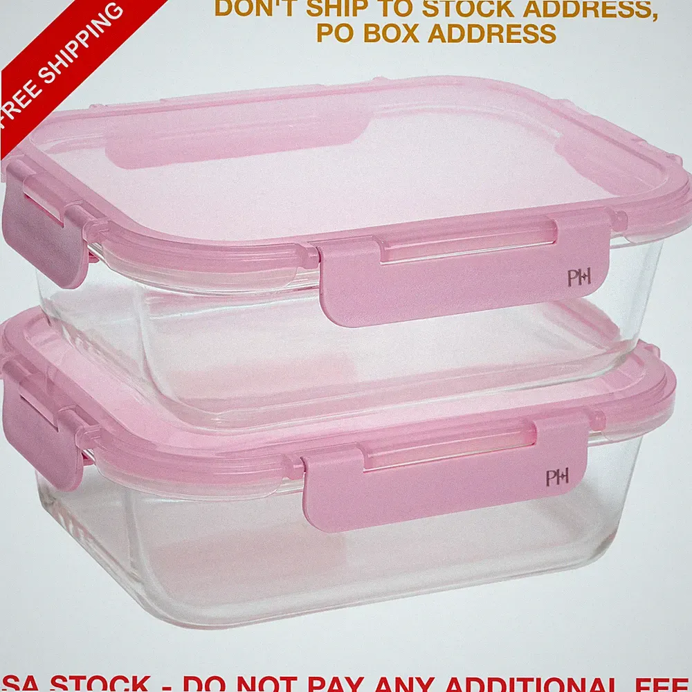Glass Food Storage Containers 2 Piece Set Leakproof Pink Lids Airtight Meal Prep