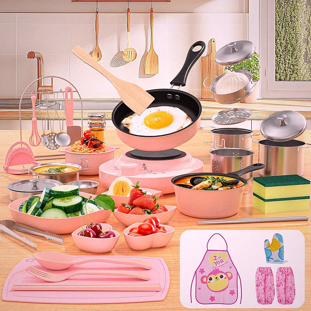 Gotoofun Kid Cooking Sets Real Mini Kitchen, Food Making for Child-size, Pink