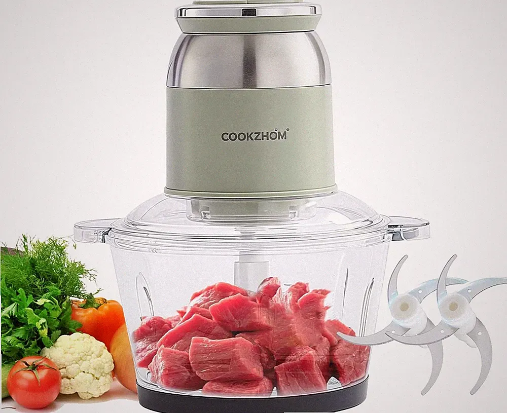 Green Food Processor 500W Electric Meat Grinder w/8Cup Glass Bowl&4Sharp Blades